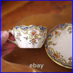 Antique Quimper Rouen French Faience Pottery Loches Floral Tea Cup with Saucer