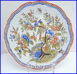 Antique Rouen Faience Bird of Paradise 9 3/4 Plate Signed
