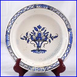 Antique Rouen French Faience Bowl Grand Feu Floral Basket Blue White Pottery