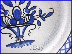 Antique Rouen French Faience Bowl Grand Feu Floral Basket Blue White Pottery