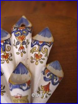 Antique Rouen French Faience Pottery Floral 6 Compartment Wall Pocket Vase Crest