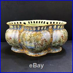 Antique Rouen French faience tin Glaze Ornate Reticulated Bowl Planter 19c