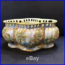 Antique Rouen French faience tin Glaze Ornate Reticulated Bowl Planter 19c