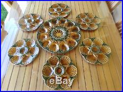 Antique Set French Sarreguemines Majolica 6 Oyster Plates + Platter