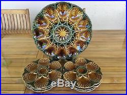 Antique Set French Sarreguemines Majolica 6 Oyster Plates + Platter