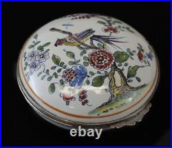 Antique Sinceny French Faience Box c1730 with silver mounts hand painted birds
