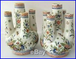 Antique TULIP Pair Vases FRENCH FAIENCE Rouen Rosadon c1890