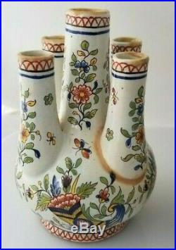 Antique TULIP Pair Vases FRENCH FAIENCE Rouen Rosadon c1890