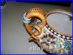 Antique Ulysse Blois French Faience Jardiniere w Serpent Handles Ca. 1890's