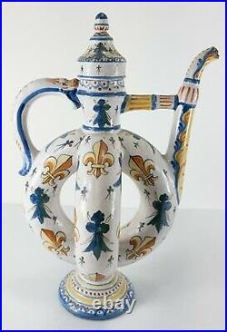 Antique Unusual French Faience Majolica Pottery Puzzle Jug Fleur-de-Lis