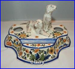 Antique VTG French Faience Pottery Double Inkwell Desk Tray Dog Figures AK Mark