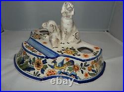 Antique VTG French Faience Pottery Double Inkwell Desk Tray Dog Figures AK Mark