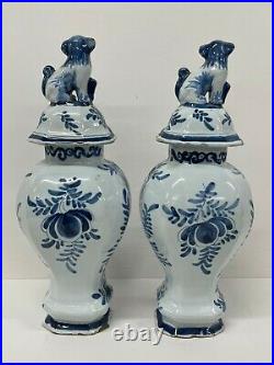 Antique Vases Pair Delft vases Jars Covers 19th Century Dutch 31cm Dog of Foo