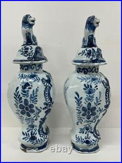 Antique Vases Pair Delft vases Jars Covers 19th Century Dutch 31cm Dog of Foo