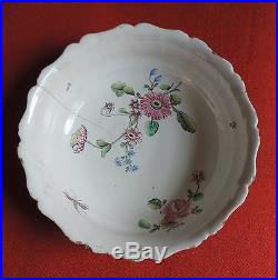 Antique Veuve Perrin French Faience Tin Glaze Pottery Bowl Flowers 18th century