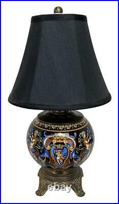 Antique Victorian French Gien Faience Black Renaissance Pottery Bronzed Pot Lamp