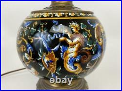 Antique Victorian French Gien Faience Black Renaissance Pottery Bronzed Pot Lamp
