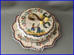 Antique Vtg French Hand Painted Faience Henriot Quimper Butter Cheese Tray Dish