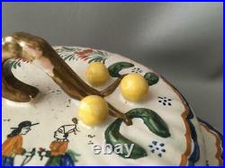Antique Vtg French Hand Painted Faience Henriot Quimper Butter Cheese Tray Dish