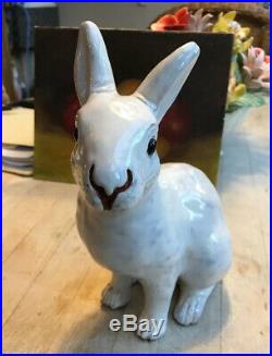 Antique White Faience French Terra Cotta Rabbit Glass Eyes 8.50 In. Bavent