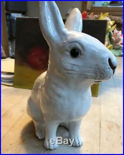 Antique White Faience French Terra Cotta Rabbit Glass Eyes 8.50 In. Bavent
