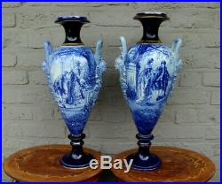 Antique XL PAIR french faience Ceramic Vases caryatid handles Rare signed