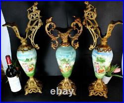 Antique art nouveau french mantel set faience romantic Vase pitcher satyr head