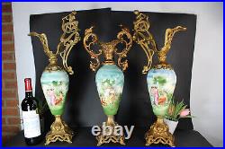 Antique art nouveau french mantel set faience romantic Vase pitcher satyr head