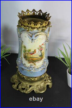 Antique french faience birds floral decor bronze frame vase