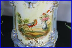 Antique french faience birds floral decor bronze frame vase