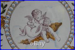 Antique large platter french majolica faience Molin Charolles 1900 cherub putti