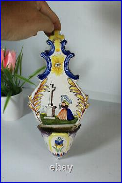 Antique quimper French faience holy water font religious rare