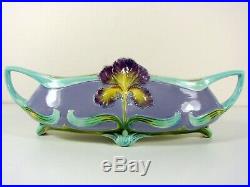 Art Nouveau French Faience Barbotine Handeled Jardiniere Iris Decoration Signed