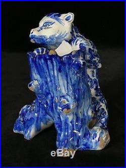 BEAR WITH TREE TRUNK SALT Desvres French Faience Signed Blue White Antique c1880