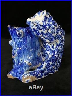 BEAR WITH TREE TRUNK SALT Desvres French Faience Signed Blue White Antique c1880