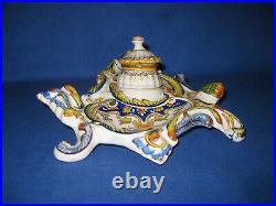 Beautiful French Antique Rococo Faience Ceramic Desvres Fourmaintraux Inkwell