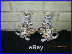 Captivating Antique Pair French Faience Dragon Candle Holders Colorful, Charming