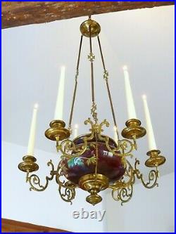 Charming French Church Brass Faience Chandelier Candle holders Religious 19TH