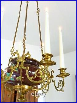 Charming French Church Brass Faience Chandelier Candle holders Religious 19TH