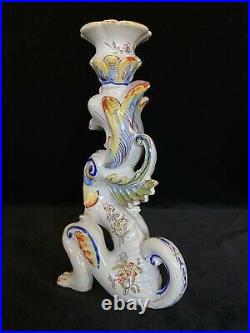 DRAGON CANDLESTICK HOLDER #1 Fourmaintraux Desvres French Faience 9 in, c. 1910
