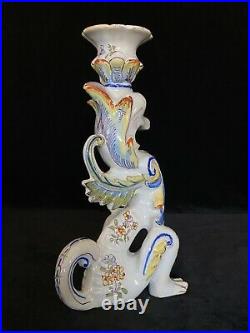 DRAGON CANDLESTICK HOLDER #1 Fourmaintraux Desvres French Faience 9 in, c. 1910