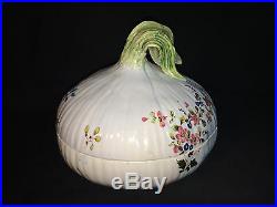 Early Antique French Faience Lidded Bowl 6 Hand Painted Onion Form Tureen