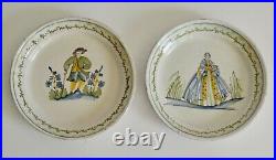 Early Antique French Hand Painted Faience Plates Pair Man Woman Quimper