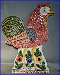 Early Delft Rooster Chicken Polychrome Faience Plaque BIG French Farmhouse Cock