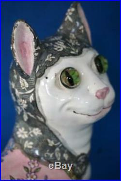 Emile Galle Cat Signed French Faience Antique Pottery Glass Eyes Pink
