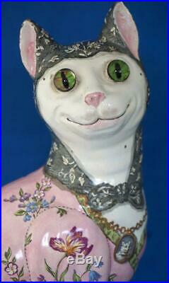 Emile Galle Cat Signed French Faience Antique Pottery Glass Eyes Pink