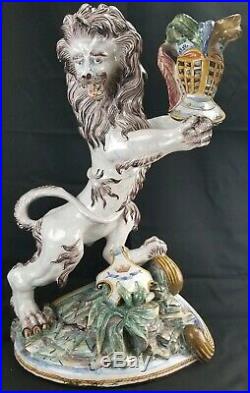 Exceptional St Clement Antique French Faience Lion Candle Holder 25.5