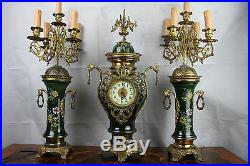 Exclusive FRENCH FAIENCE clock Set candelabras mounted lamps dragons gothic 1950