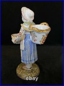 FOURMAINTRAUX LADY WITH BASKETS Antique TRIPLE SALT DESVRES French Faience c1885