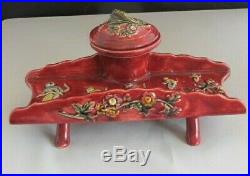 Faience Majolica Inkwell French Pen Stand Monkeys on Penny Farthing Bicycle